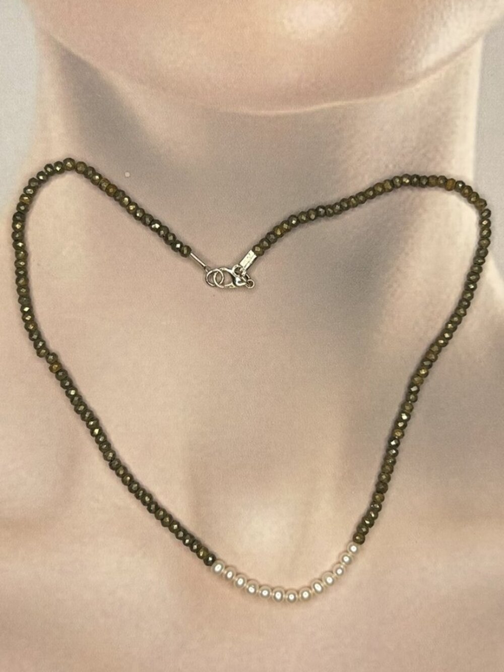 Natural Faceted Rondelle Pyrite Crystal Beads and Freshwater Pearl Necklace.